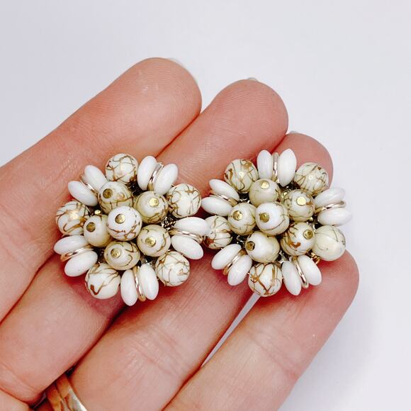 Vintage Stamped West Germany White Gold Tone Glass Bead Cluster Clip Earrings - Picture 3 of 13